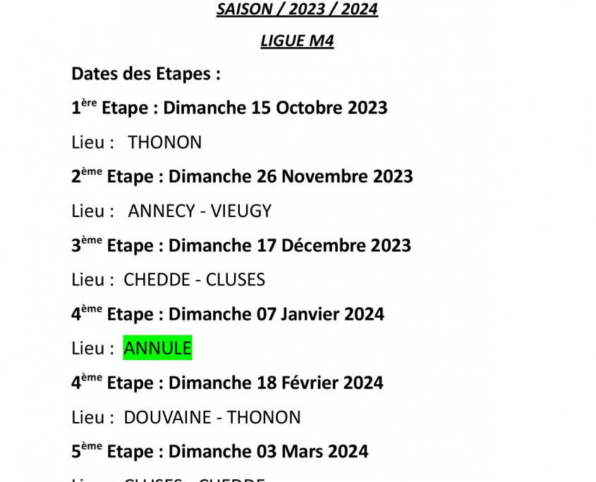 Dates et lieux des prochaines étapes – Ligue 3 et Ligue 4 – C.B.D. 74