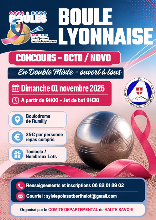 Affiche du concours Octo/Novo en double mixte, dimanche 1er novembre 2026 au boulodrome de Rumilly
